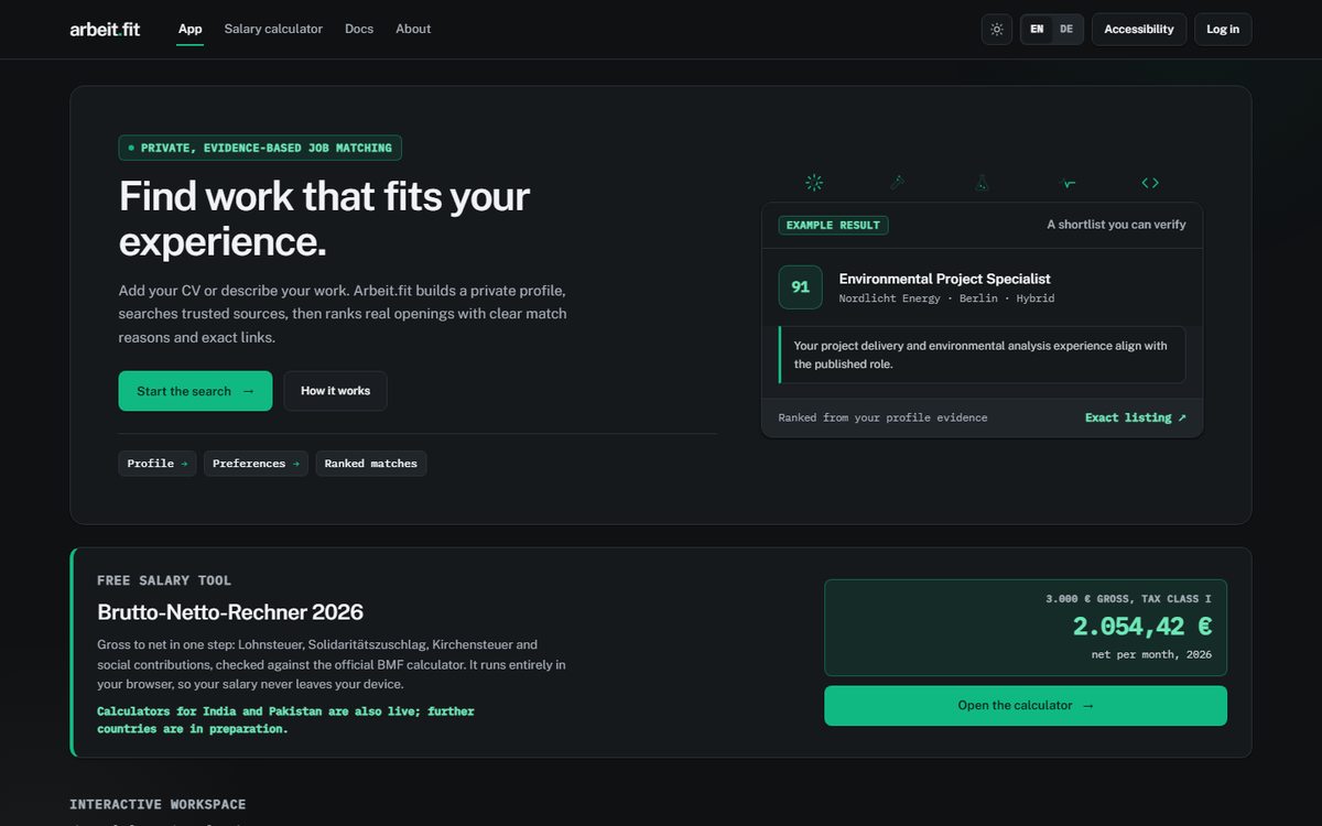Arbeit.fit live website — evidence-based job matching